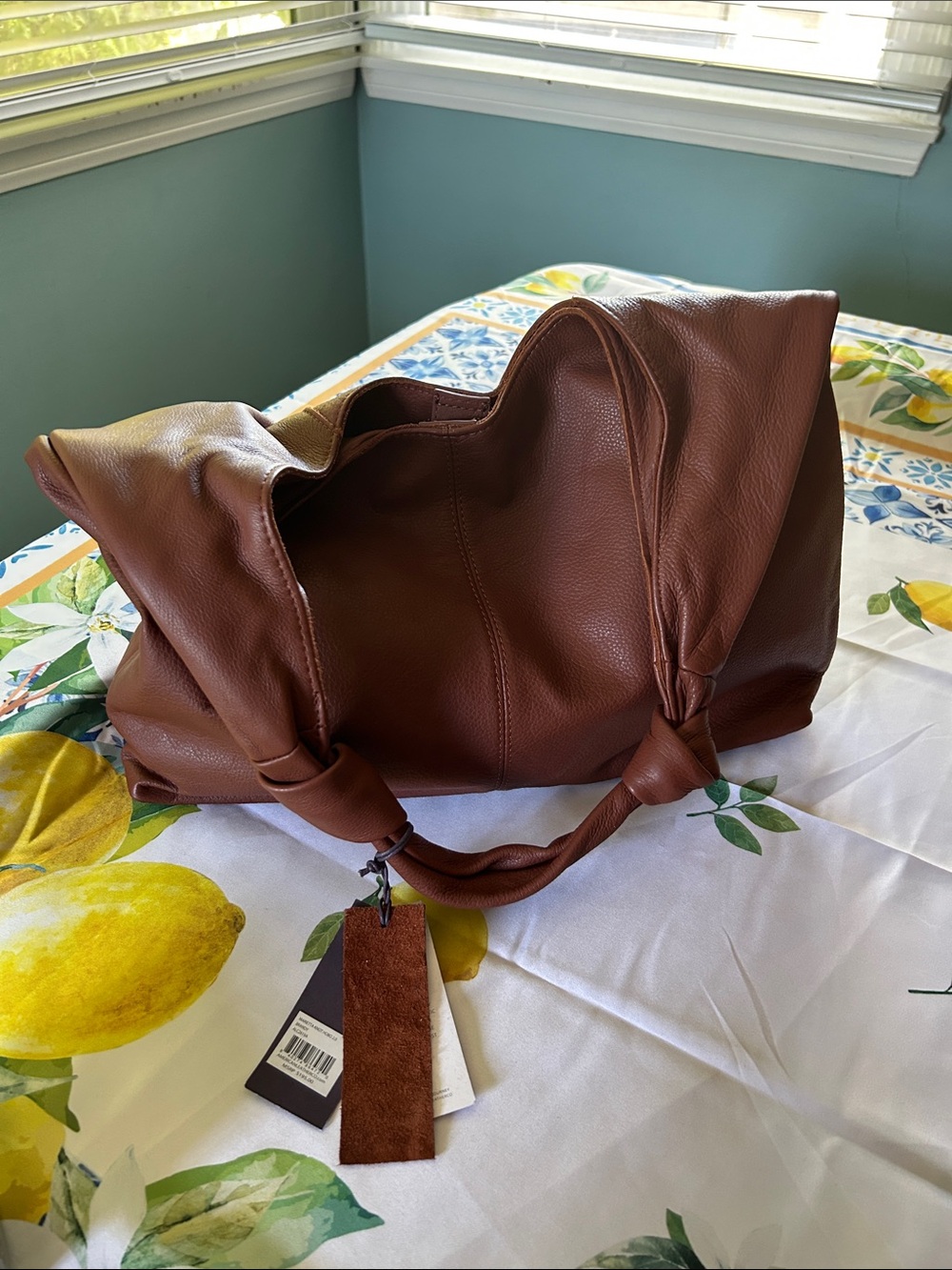 NWT Women's Knot-Handle Leather Shoulder Bag in Chestnut Brown